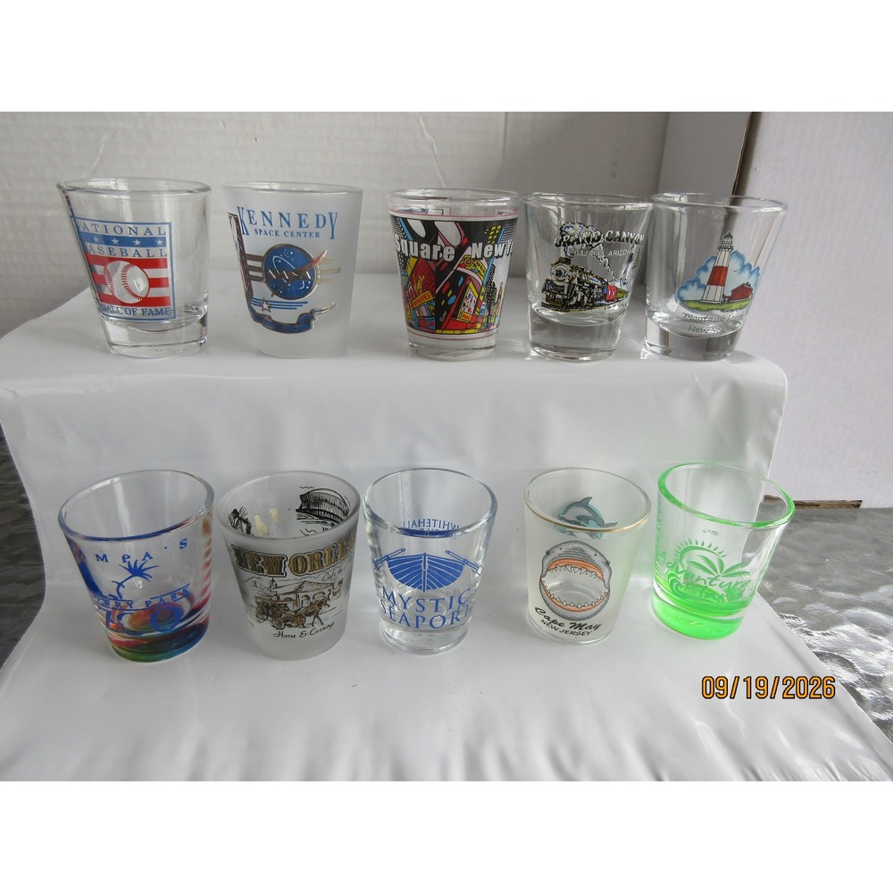 Lot of 10 Souvenir Shot Glasses NASA Baseball Hall of Fame Grand Canyon NY NJ